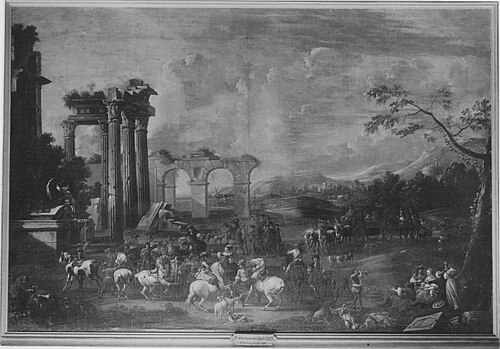 Zuidelijk landschap met een jachtgezelschap bij Romeinse ruïnes, 1731, Jan Peeter Verdussen