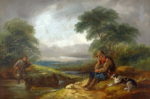 River landscape with young angler and resting man with dog, 1877, John Joseph Barker