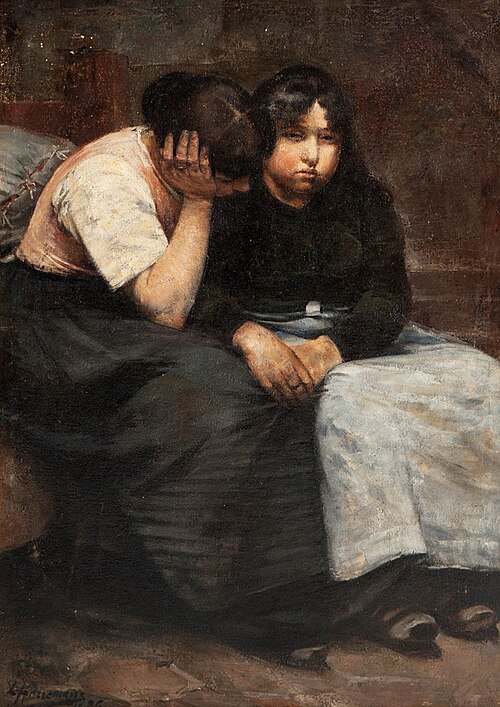 Two young sack seamstresses, 1886, Liévin Herremans