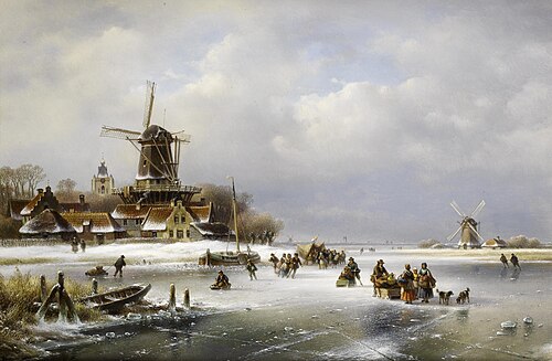 Villagers on a frozen waterway, , Lodewijk Johannes Kleijn
