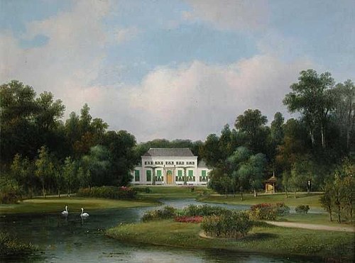 Gezicht op het buitenhuis De Heuvel in het Park met vijver waarin twee zwanen, 1850, Lodewijk Johannes Kleijn