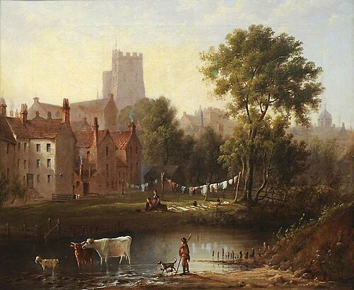 Carlisle Cathedral and Deanery above Old Caldew Bridge, 1820, Matthew Ellis Nutter