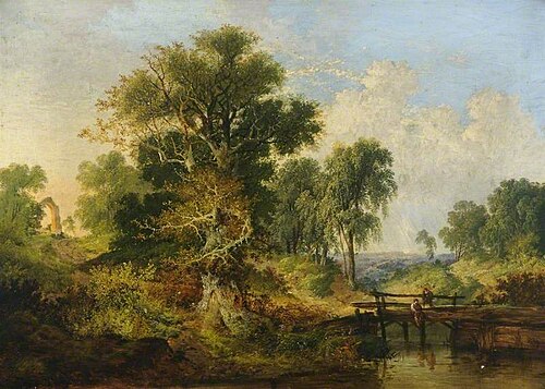 A River Landscape with Figures on a Bridge, , Samuel David Colkett
