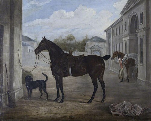 A Hunter and Retriever outside Shugborough Stables, 1824, William Webb