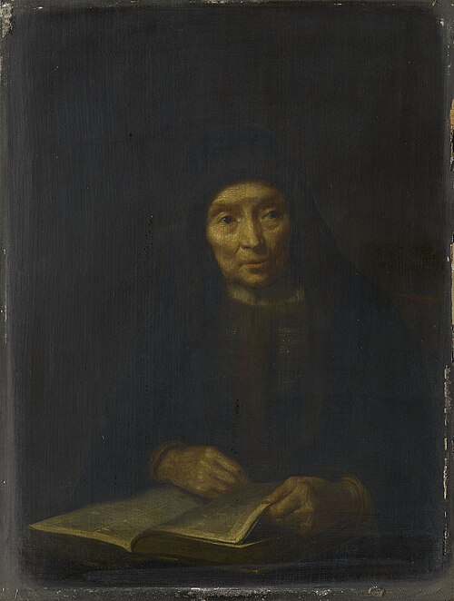 An Old Woman with a Book Open before her, 1665, Abraham van Dijck