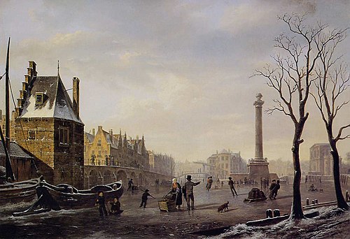 Pompenburg with Hofpoort in winter (Rotterdam), 1825, Bartholomeus Johannes van Hove