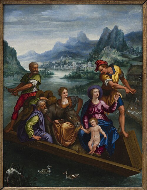 De heilige familie op een boot in een berglandschap, 1585, Paolo Fiammingo