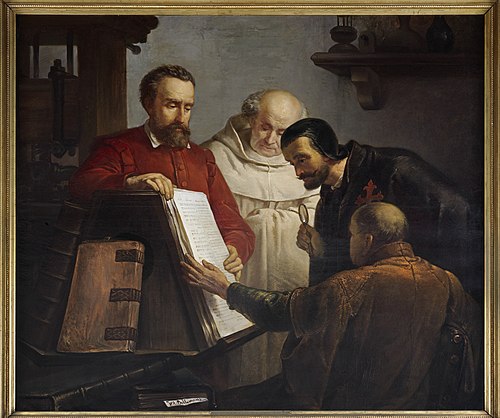 Plantin shows Arias Montano a copy of the Biblia Regia, 1864, Joseph Bellemans