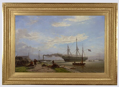 Een raderstoomsleper voor een scheepswerf op de Noordelijke IJ-oever bij Amsterdam, 1855, Willem Antonie van Deventer