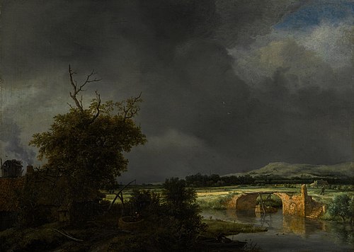 Landscape with a cottage and stone bridge under a cloudy sky, 1650, Jacob van Ruisdael