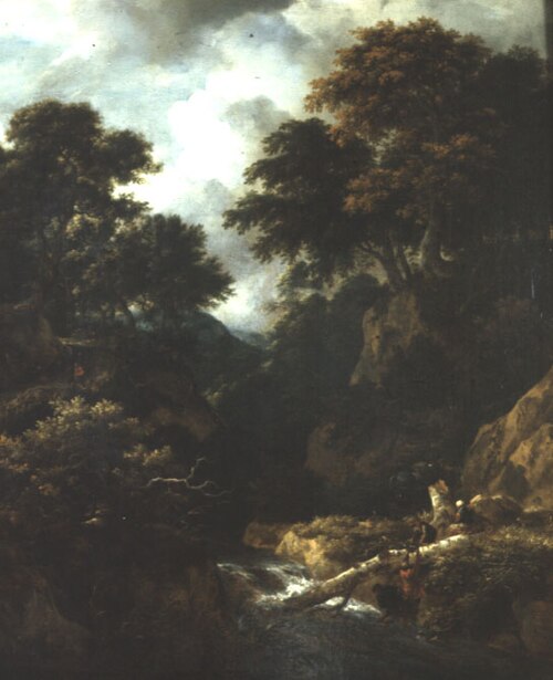 VERVALLEN Berglandschap, Het vissen van kreeftjes,, 1665, Jacob van Ruisdael