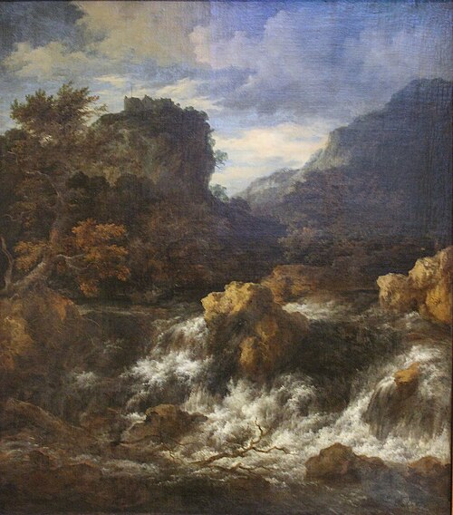 Waterfall with a castle on a hill, 1660, Jacob van Ruisdael