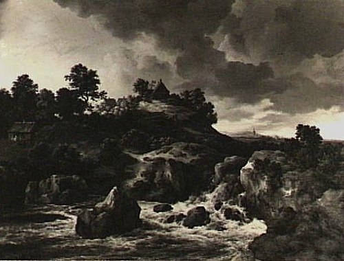 Hilly landscape with a waterfall, 1670, Jacob van Ruisdael