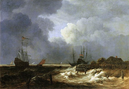 Ships in stormy weather off the coast, 1650, Jacob van Ruisdael