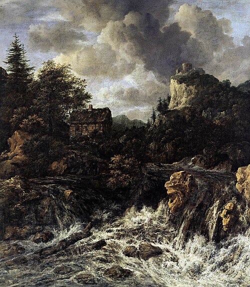 Cascade avec le château de sommet de la montagne et chalet, 1668, Jacob van Ruisdael