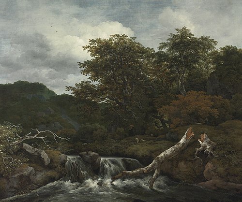 Hilly wooded landscape with a waterfall, 1655, Jacob van Ruisdael