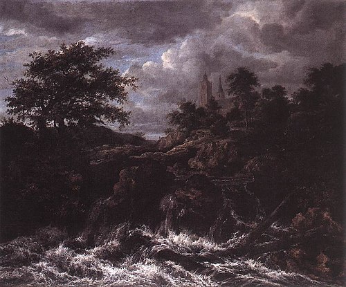 A Waterfall with church and trees, 1668, Jacob van Ruisdael