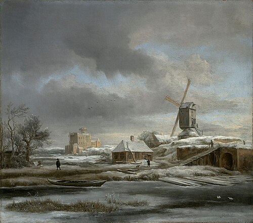 Winter landscape with windmil and a house in scaffolding, 1670, Jacob van Ruisdael