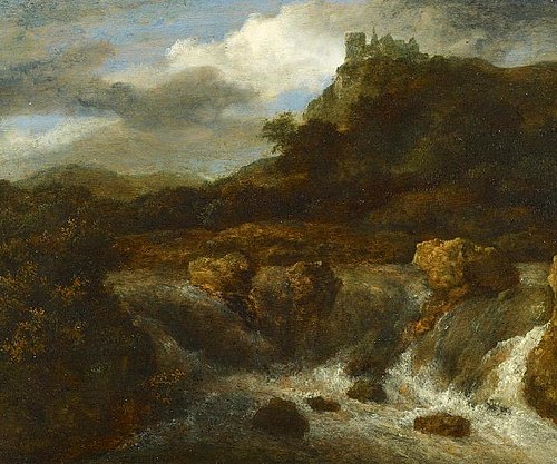 Mountainous landscape with a waterfall, in the background on the right Bentheim castle, 1660, Jacob van Ruisdael