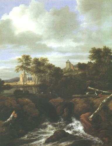 Waterfall with ruins and a village in the distance, 1675, Jacob van Ruisdael