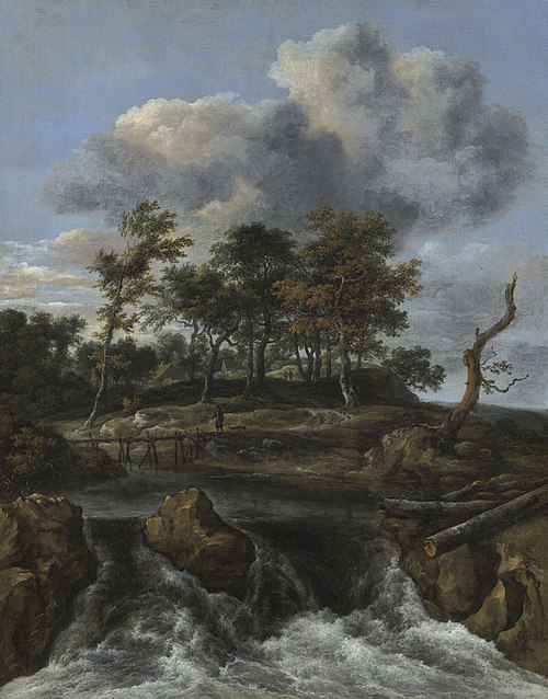 Landscape with waterfall and wooden footbridge, 1660, Jacob van Ruisdael