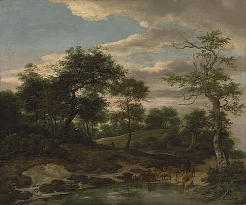 Rolling wooded landscape with cattle on a flooded road, 1660, Jacob van Ruisdael