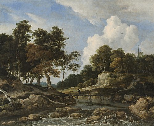 Wooded River Landscape with Bridge, 1650, Jacob van Ruisdael