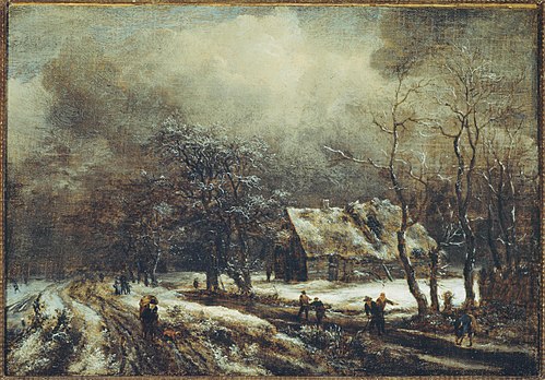 A winter landscape with peasants on a road and skaters on a frozen river, a cottage nearby, 1660, Jacob van Ruisdael