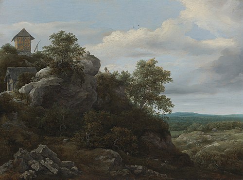 Landscape with Houses on a Rocky Hill with a View of a Plain Beyond, 1650, Jacob van Ruisdael