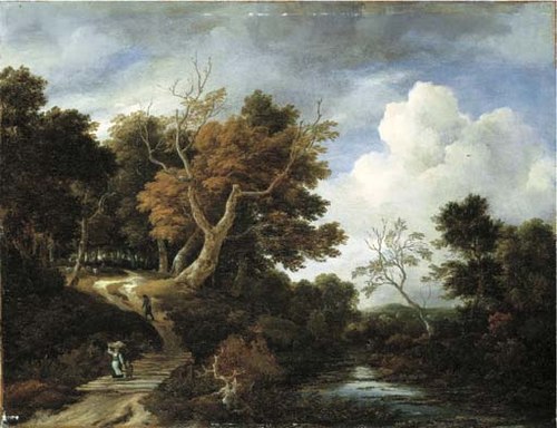 A wooded river landscape with peasants on a bridge, 1660, Jacob van Ruisdael