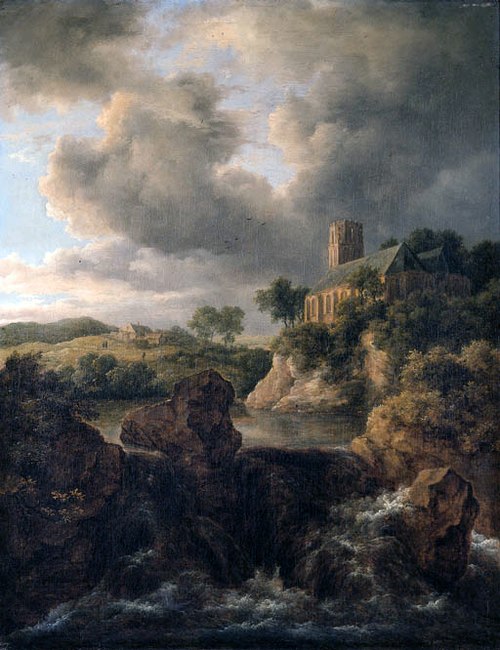 Mountainous landscape with a torrent and church, 1670, Jacob van Ruisdael