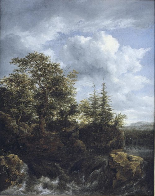 A wooded river landscape with a waterfall and travellers on a bridge, 1660, Jacob van Ruisdael
