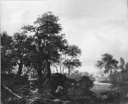 A wooded river landscape with a low waterfall, 1670, Jacob van Ruisdael
