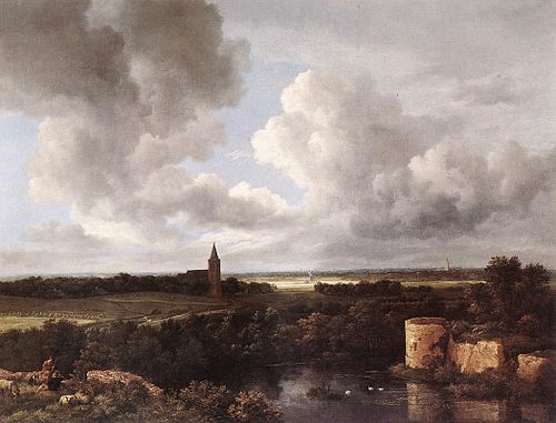 A Landscape with a Ruined Castle and a Church, 1665, Jacob van Ruisdael