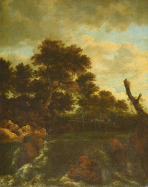 A waterfall with a wooden bridge, 1670, Jacob van Ruisdael