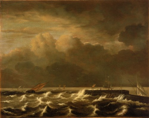 Rough seas breaking over a jetty, 1650, Jacob van Ruisdael