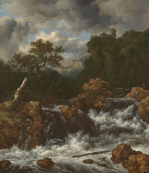 Landscape with waterfall and castle on a mountaintop, 1665, Jacob van Ruisdael