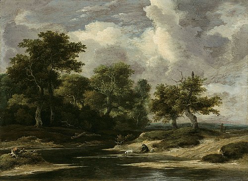 A wooded river landscape with a traveller and dog, 1650, Jacob van Ruisdael