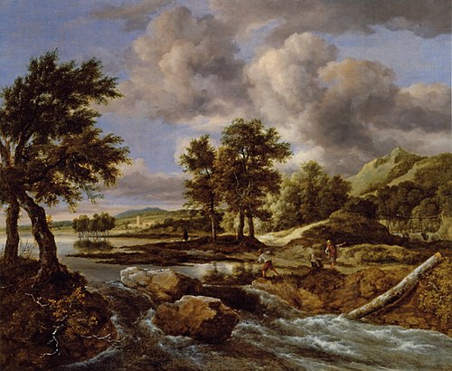 Hilly Landscape with a Fisherman at a Waterfall, 1679, Jacob van Ruisdael