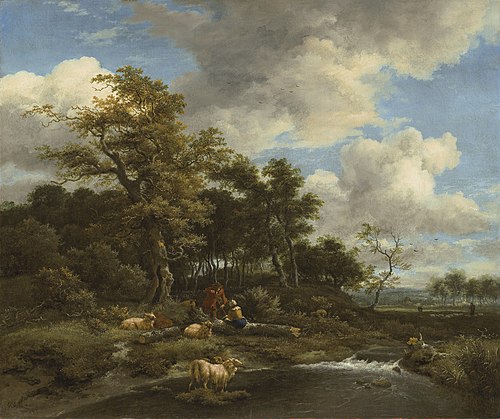 Wooded landscape with a stream, pool, shepherd and shepherdess, 1658, Jacob van Ruisdael