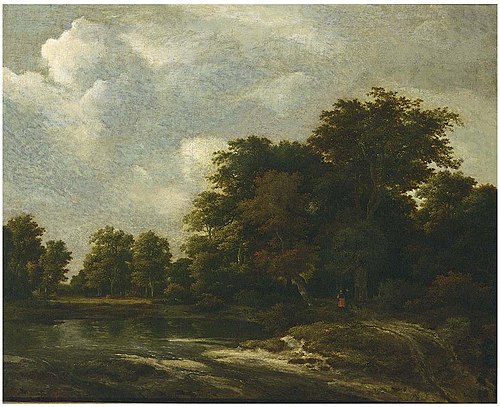 Wooded landscape with travellers on a track by a river, 1659, Jacob van Ruisdael