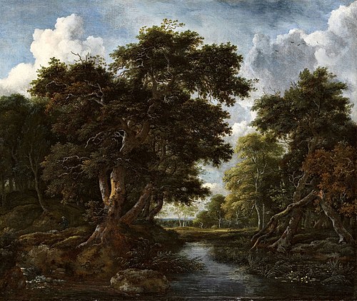 Wooded Landscape with Hunters and a River, 1655, Jacob van Ruisdael