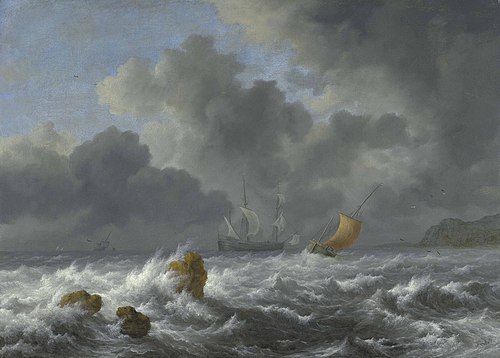 Sailing vessels in a stormy sea near a rocky coast, 1655, Jacob van Ruisdael