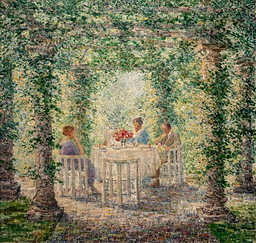Portrait of mevrouw Pieters met de heg en mevrouw Singer in de tuin van De Wilde Zwanen (Laren), 1921, Evert Pieters