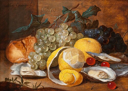 Still Life of Grapes, Lemons, Cherries, Oysters and a Bread Roll, 1650, Alexander Coosemans