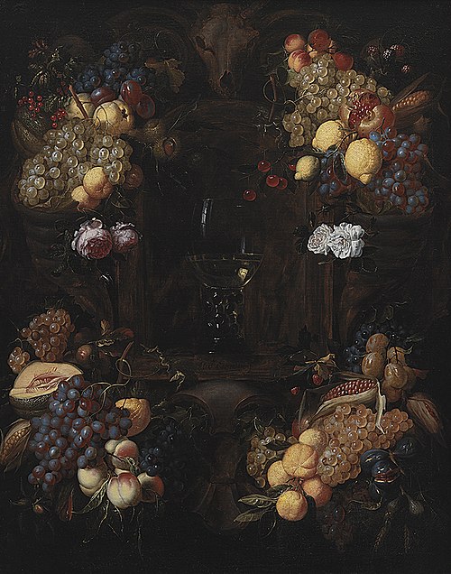Cartouche with Garlands of Fruit and a Wine Glass, 1642, Alexander Coosemans