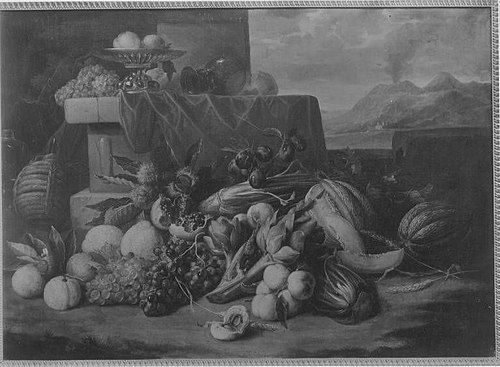 Stilleven van vruchten en groente; rechts een doorkijk naar een bergachtig landschap, 1658, Alexander Coosemans