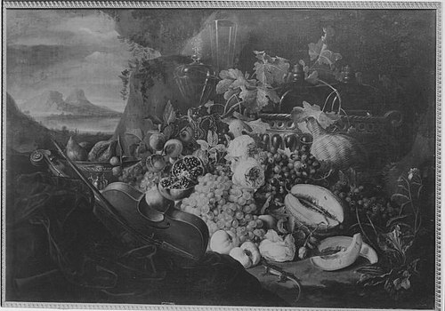 Stilleven van vruchten, glaswerk en muziekinstrumenten in een landschap, 1655, Alexander Coosemans