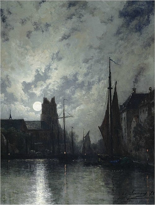Canal in Dordrecht at moonlight, 1875, Egide François Leemans