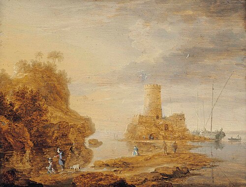 Coastal landscape with figures on a path and anglers on a shore, a fortress with vessels beyond, 1650, Bonaventura Peeters the Younger